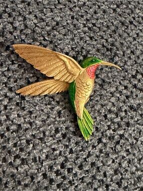 Gold and Green Hummingbird Brooch with Pink Accent Marked JJ designer